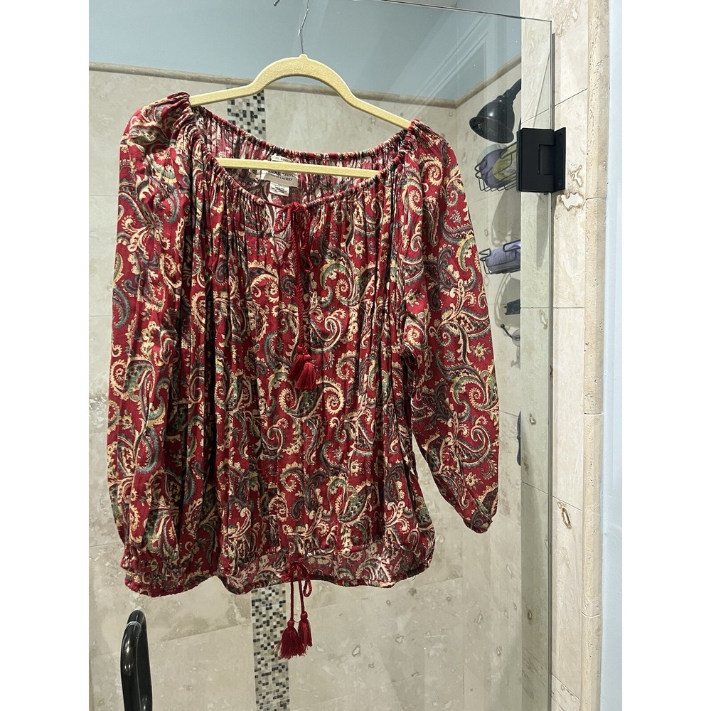 Ralph Lauren Denim & Supply Boho  Red Paisley Boho Tassel Tie Blouse Size L